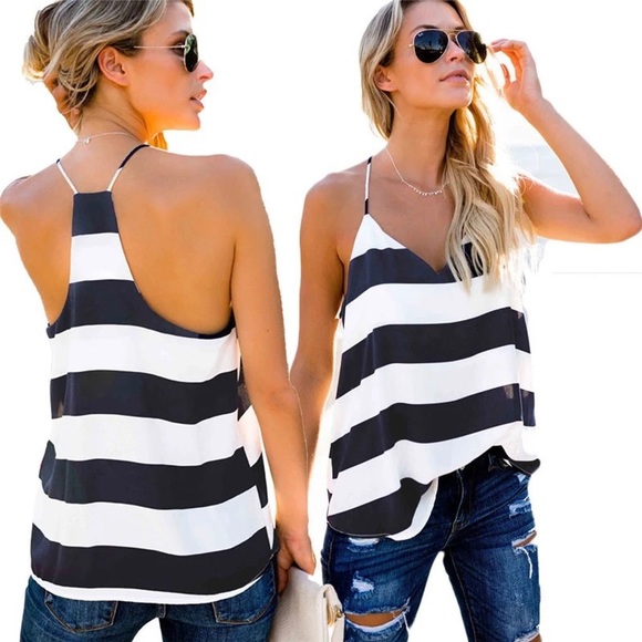 Tops - Navy & White Striped Racerback Tank Tops